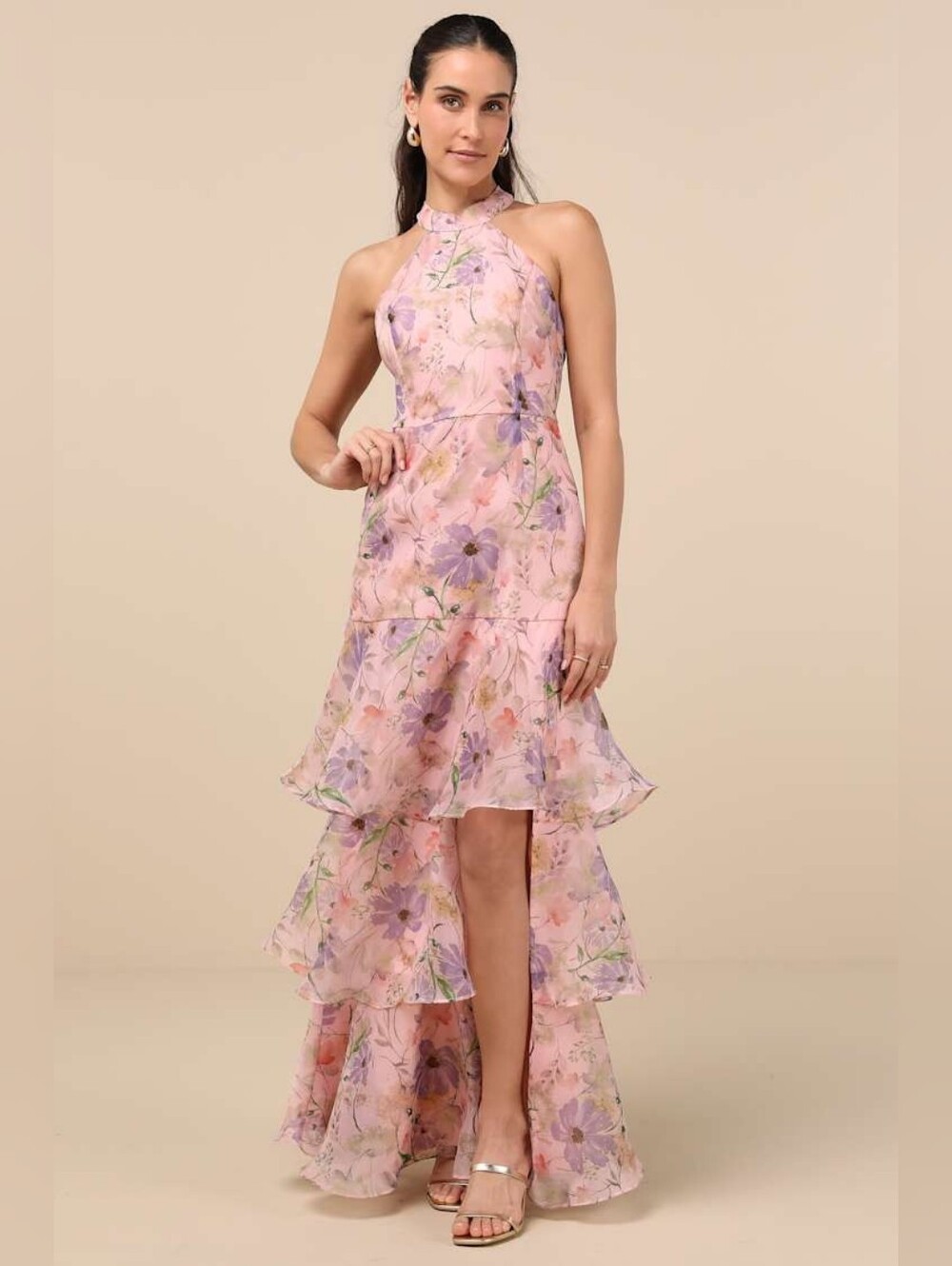 Lulus Forever Exceptional Light Pink Floral Halter Organza Maxi Dress S 0-2 NEW